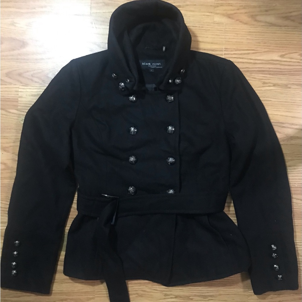 Black Rivet Double Breasted Wool Pea Coat Womens L NWOT